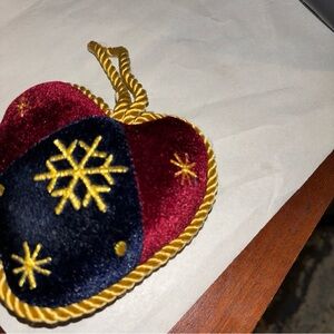 Red and Blue Heart Ornament with Gold Snowflake Design - Embroidery